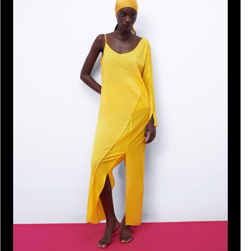 Zara asymmetric gauze flowy yellow dress - Picture 3 of 15
